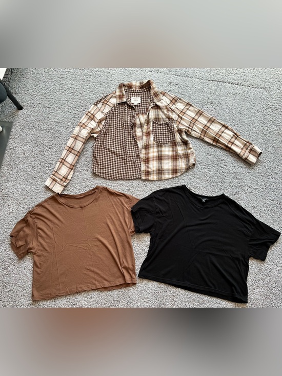 American Eagle Outfitters Tops - American Eagle Outfitters Brown Plaid Patchwork Shirt with Brown and Black Tees